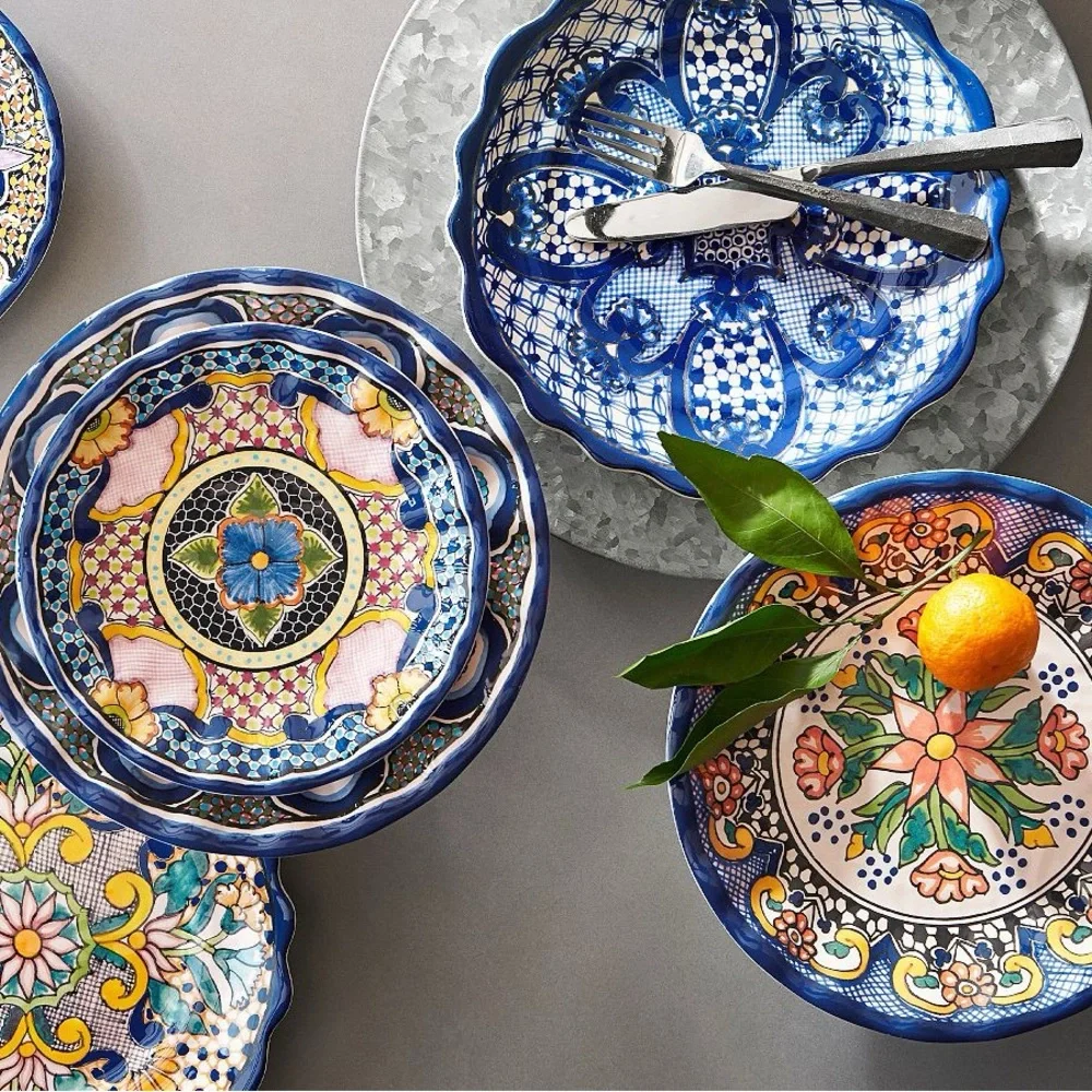New Set of Four Pottery Barn Del Sol Melamine Salad Plates, Blue Multi, 9”D #1